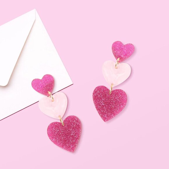 Heart Earrings Dangle Valentine's Day Earrings Pink Heart Earrings Red Heart Ear - Picture 5 of 8